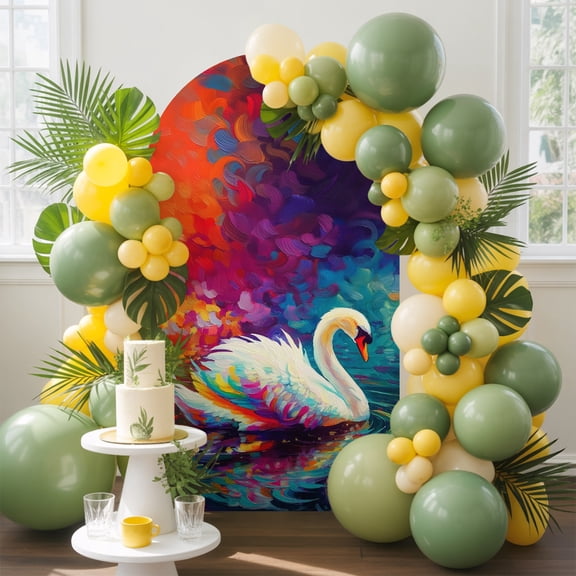 Swan Arch Backdrop Cover, 5FT, Ripples Colorful Reflection Lake Animals Nature Spandex Arch Covers Double-Sided Backdrop for Wedding Birthday Party Photo Background Decoration