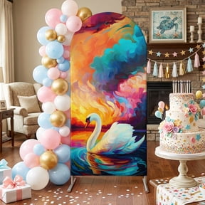 Swan Arch Backdrop Covers 4 FT, Colorful Sunset Water Waves Abstract Animals Stretchy Fitted Arched Stand Covers Party Arch Stand Cover Photo Booth for Wedding Birthday Decor