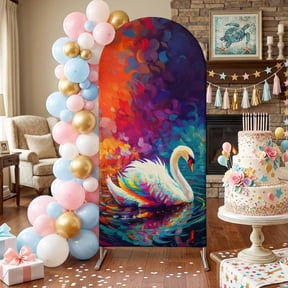 Swan Arch Backdrop Covers 4 FT, Ripples Colorful Reflection Lake Animals Nature Stretchy Fitted Arched Stand Covers Party Arch Stand Cover Photo Booth for Wedding Birthday Decor