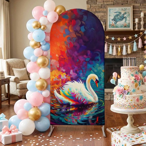 Swan Arch Backdrop Covers 4 FT, Ripples Colorful Reflection Lake Animals Nature Stretchy Fitted Arched Stand Covers Party Arch Stand Cover Photo Booth for Wedding Birthday Decor