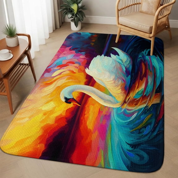 Swan Area Rugs for Living Room 5x6, Colorful Sunset Water Waves Abstract Animals Washable Area Rug with Non Slip Backing, Stain Resist Linen Carpet for Bedroom, Dining Room, Entryway, Entrance