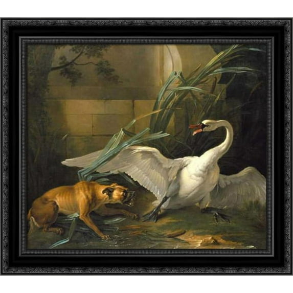 Swan Attacked by a Dog 20x20 Black Ornate Wood Framed Canvas Art by Oudry, Jean Baptiste