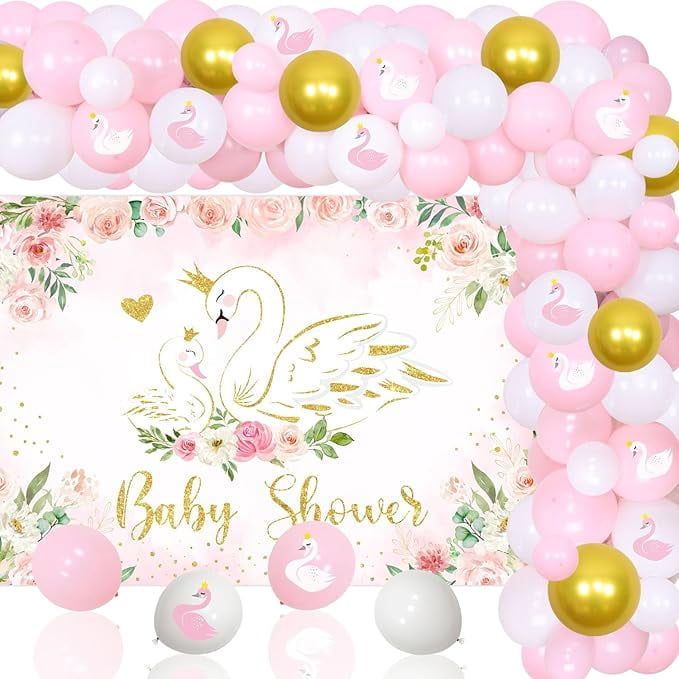 Swan Baby Shower Decorations Pink and Gold Swan Backdrop Balloon Garland Arch Kit Pink Swan Floral Decorations White Swan Baby Shower Decor for Baby Girls Baby Shower Party Supplies