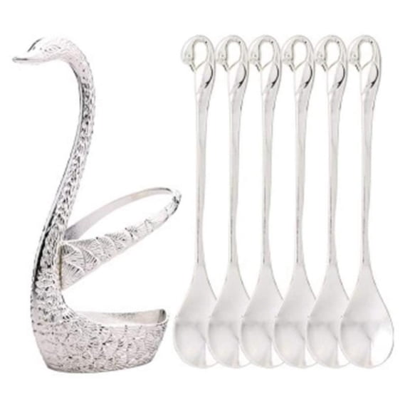Swan Base Holder Fruit Forks Set, Stainless Steel Salad Dessert Spoon Coffee Cake Tools, Tableware (Spoons,6 PCS)
