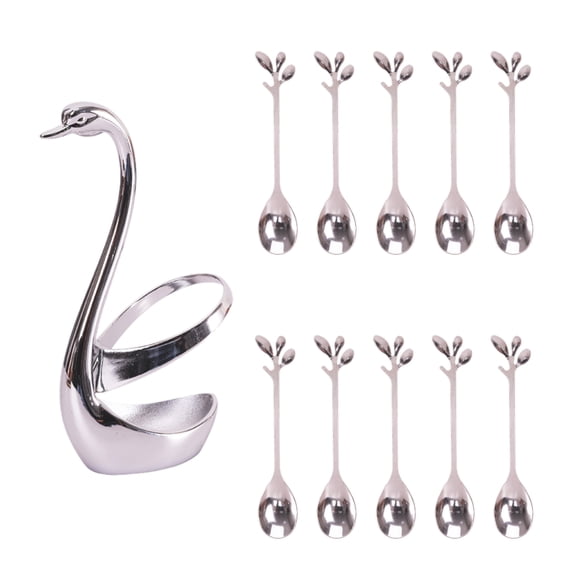 Swan Base With 10 Pcs Coffee Spoon Holder Set, Stainless Steel Espresso Spoons Tea Spoons Dessert Spoons