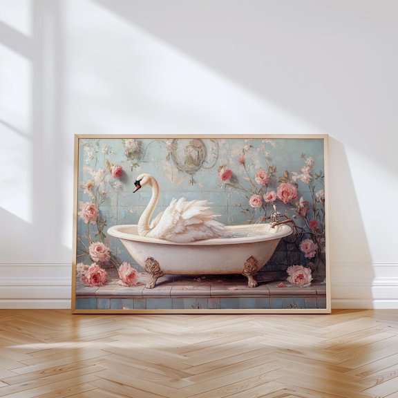 Swan Bathtub Wall Art Print, Floral Bathroom Decor
