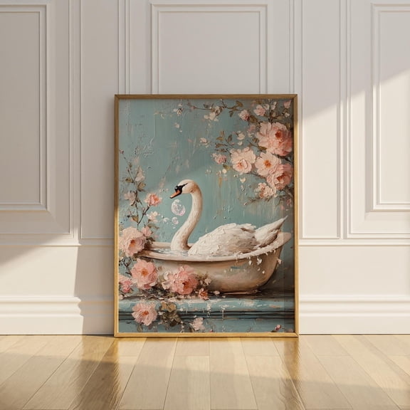 Swan Bathtub Wall Art Print, Vintage Floral Decor