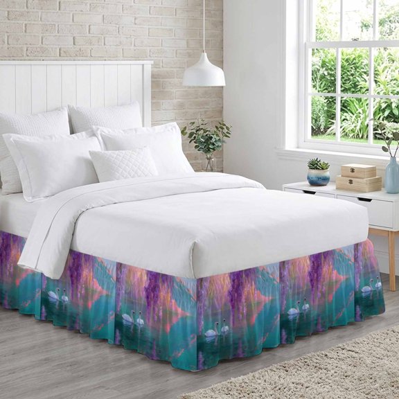 Swan Bed Skirt Queen Size 16 Inch Drop, Oil Painting Spring Wisteria Gradient Pink Green Lake Adjustable Elastic Dust Ruffles Bedskirt for Queen Bed Wrap Around Pleated Mattress Frame Cover