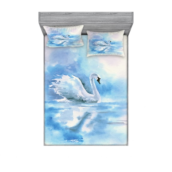 Swan Bedding Set with Sheet & Covers, Watercolor Drawing Picture of Swan in the River Hazy Color Aqua Concept Picture Print, Printed Bedroom Decor 2 Shams, 4 Sizes, Blue White, by Ambesonne
