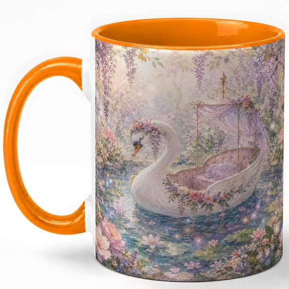 Swan Boat Coffee Mug, Fantasy Garden Mug for Women, Watercolor Swan Boat with Flowers, Lily Pond and Soft Sparkles, Ceramic 11 Oz Cup