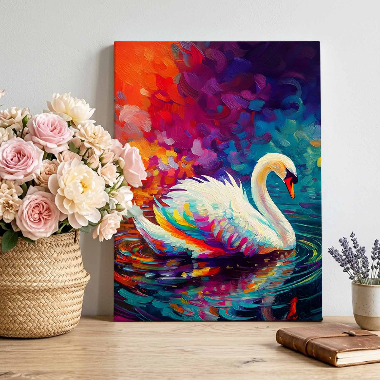 Swan Canvas Wall Art for Living Room, Ripples Colorful Reflection