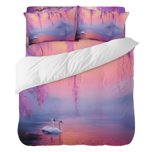 Swan Comforter Set Twin Size, Oil Painting Spring Wisteria Gradient Pink Blue Lake Soft Bedding Set for Man Woman, 4 Pieces Duvet Cover Set with Fitted Sheet, 2 Pillowcases