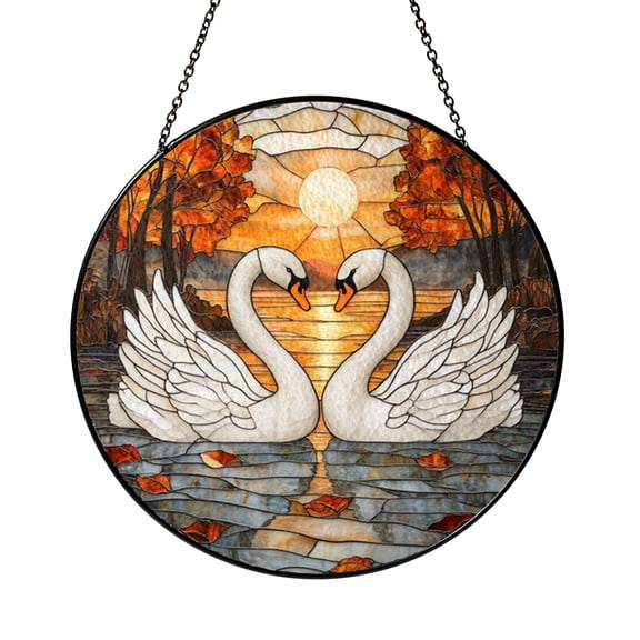 Swan Couple Stained Glass Suncatcher, Window Hanging Decor Featuring Two Swans on Calm Lake with Sunset Background