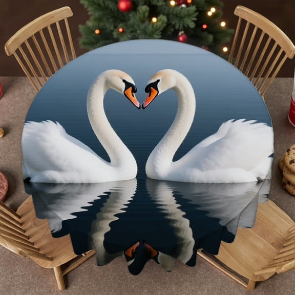 Swan Couple Swimming on Blue Lake Tablecloth for dining table round, Holiday-Themed Design - Kitchen Accessories tablecloth round, Cafe, dinner, brunch, buffet, picnic