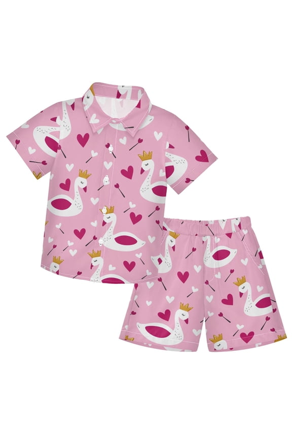 Swan Crown Heart Boys' Hawaiian Shorts Sets Button Down Shirts 3T-10Y for Beach Vacation
