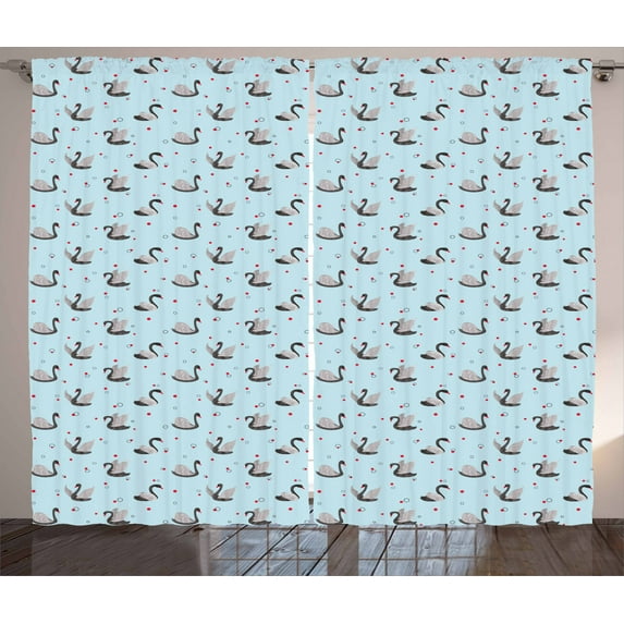 Ambesonne Swan Curtains 2 Panel Set, Dark Swans on Pale Blue, 108" x 63", Grey Pale Blue Red