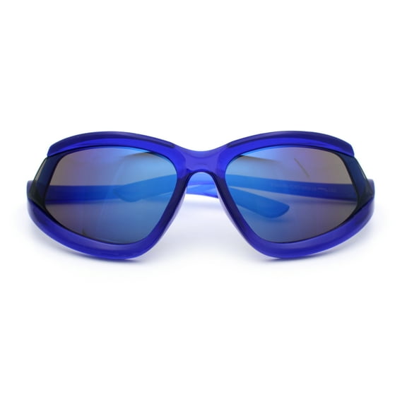 Swan Down Temple Curved Wrap Cat Eye Sport Plastic Sunglasses Blue - Blue Mirror