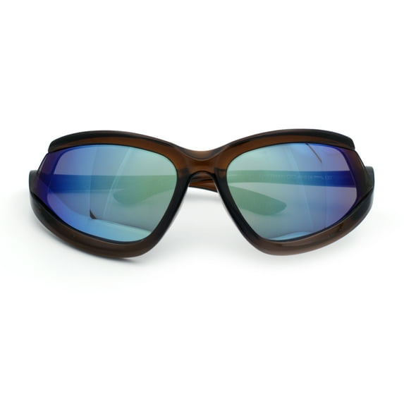 Swan Down Temple Curved Wrap Cat Eye Sport Plastic Sunglasses Brown - Yellow Mirror