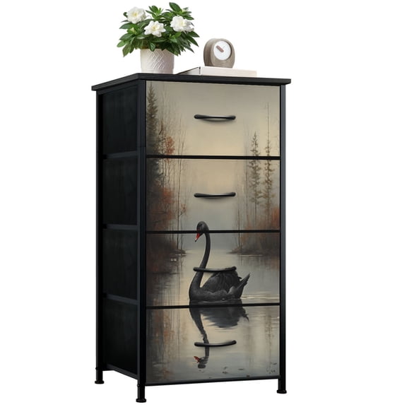 Swan Dresser for Bedroom with 4 Storage Drawers Black Vintage Swan Lake Wild Animal Antique Moody Gothic Black Dressers Chest of Drawers Steel Framed Fabric Closet Organizers for Entryway