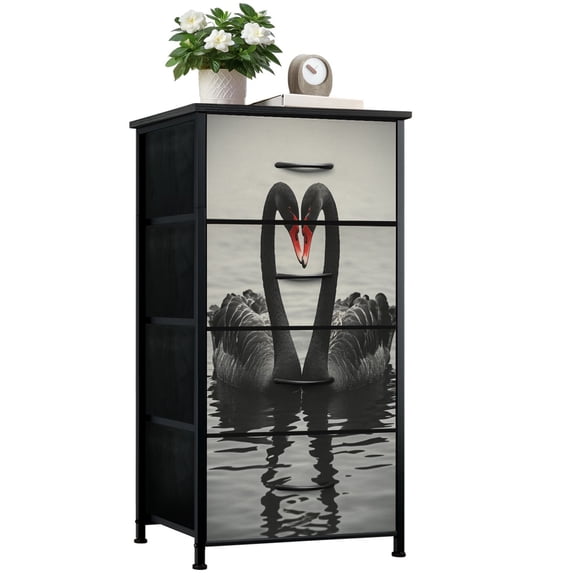 Swan Dresser for Bedroom with 4 Storage Drawers Vintage Swan Aesthetics Retro Swans Heart Shape Water Reflection Dressers Chest of Drawers Steel Framed Fabric Closet Organizers for Entryway