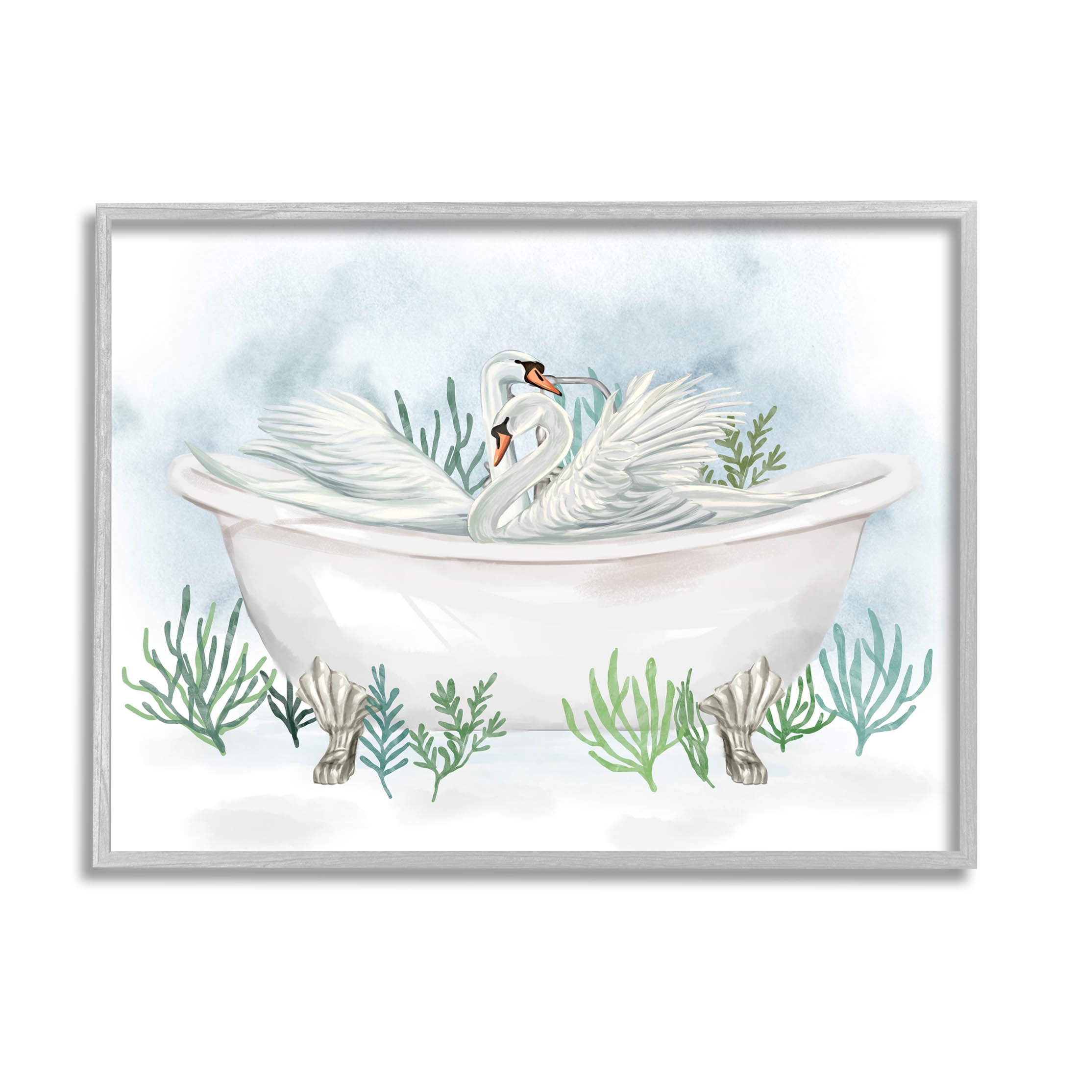 Swan Duo Bathtub Botanicals Animals & Insects Graphic Art Gray Framed Art Print Wall Art