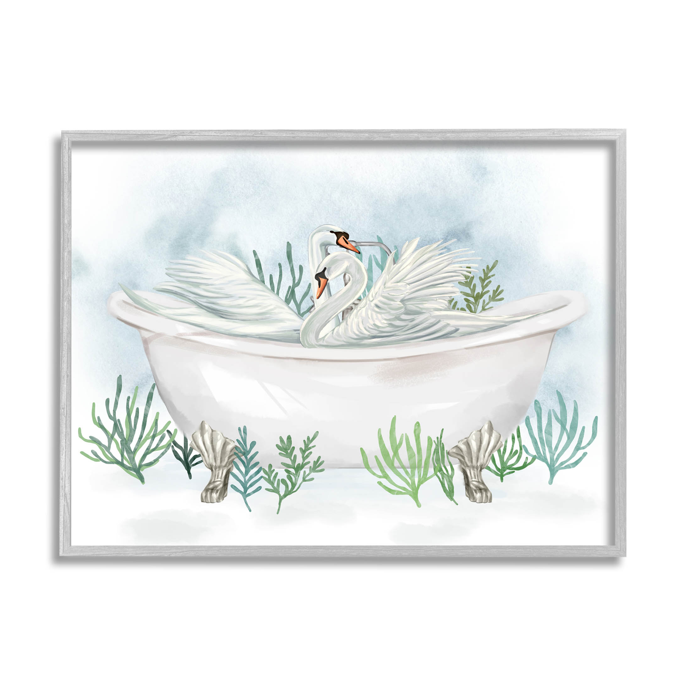 Swan Duo Bathtub Botanicals Animals & Insects Graphic Art Gray Framed Art Print Wall Art