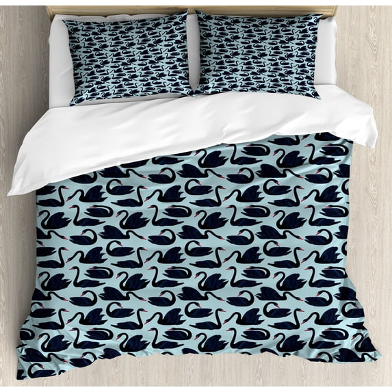 Swan Duvet Cover Set, Pattern of Long Necked Aquatic Bird, Decorative 3 Piece Bedding Set with 2 Pillow Shams, King Size, Pale Blue Dark Blue, by Ambesonne