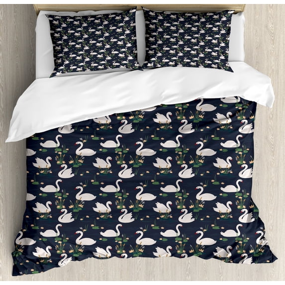 Swan Duvet Cover Set Queen Size, Pond Lilies and Cattails Growth with White Waterfowls on the Dark Blue Lake Artwork, Decorative 3 Piece Bedding Set with 2 Pillow Shams, Multicolor, by Ambesonne