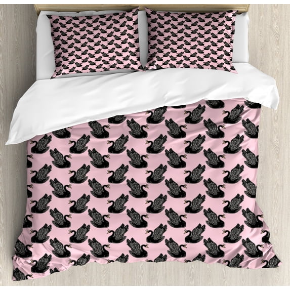 Swan Duvet Cover Set Queen Size, Vintage Pin Up Pattern with Black Swan Princess Figures for Girls Kids Nursery, Decorative 3 Piece Bedding Set with 2 Pillow Shams, Pale Pink Black, by Ambesonne