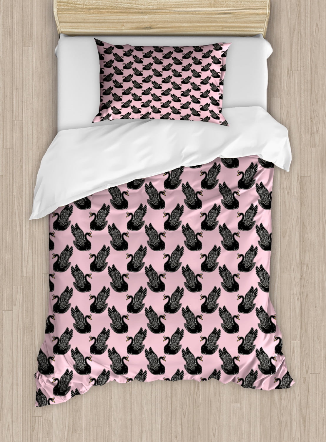 Twin Pink and Black Swan Pattern Duvet Cover Set