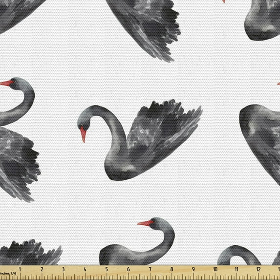 Ambesonne Swan Fabric by the Yard Upholstery, Aquarelle Black Birds, 3 Yards, Charcoal Grey White Red