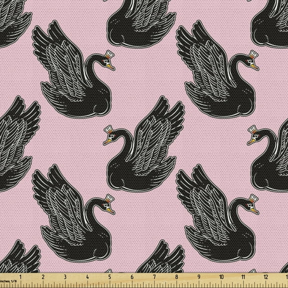 Ambesonne Swan Fabric by the Yard Upholstery, Vintage Black Cartoones, 10 Yards, Pale Pink Black