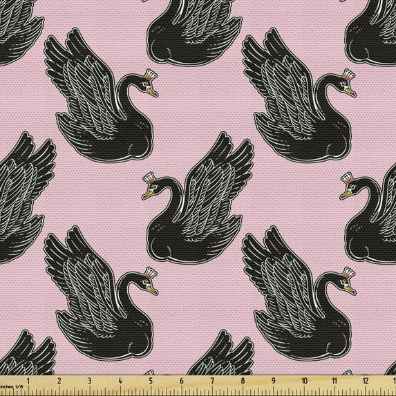 Swan Fabric by the Yard Upholstery, Vintage Pin up Pattern with Black Swan Cartoon for Girls, Decorative Fabric for DIY and Home Accents, 3 Yards, Pale Pink Black by Ambesonne