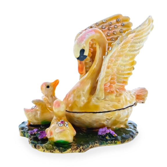 Swan Family Jeweled Trinket Box Figurine