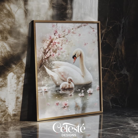 Swan Family Print, Cherry Blossom Nursery Wall Art Home Decor #797, 24x36 UNFRAMED