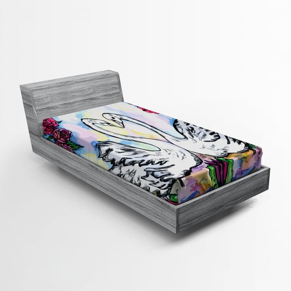 Ambesonne Floral Fitted Sheet, 2 White Swans in Lake, Twin Size, Multicolor
