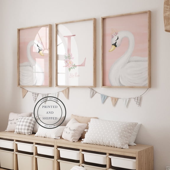 Swan Floral Initial Poster Baby Name Poster Swan Nursery Poster Nursery Wall Art Baby Decor Swan Nursery Swan Wall Art Set 3 Set 3