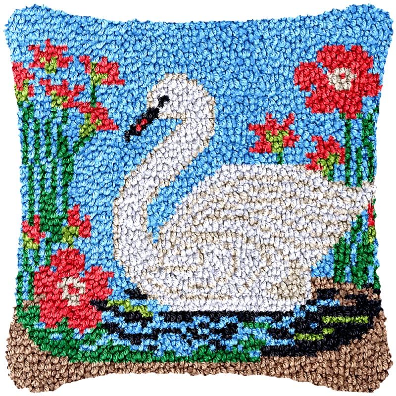 Swan Flower View Latch Hook Pillow Cover Kits for DIY Handmade Throw Pillow Cross Stitch Latch Hook Pillowcase Rug Kits with Preprinted Color Pattern Canvas Crochet Yarn Kits 17''X 17''(ch166)