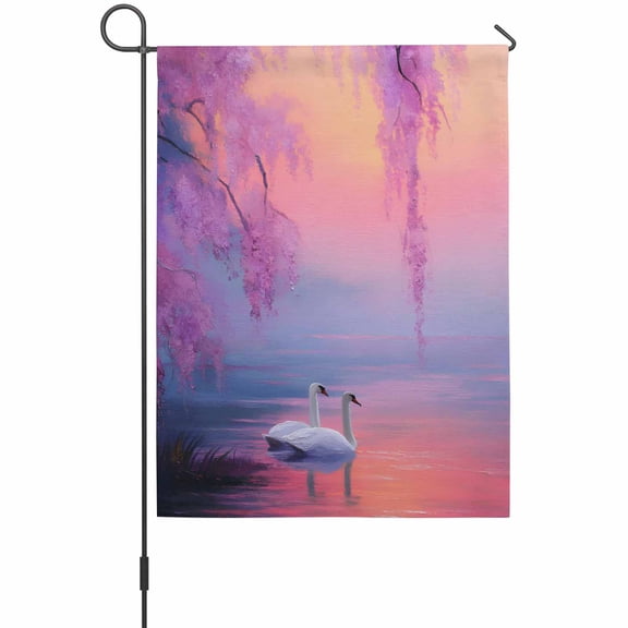 Swan Garden Flag 12 x 18 Inches, Oil Painting Spring Wisteria Gradient Pink Blue Lake Weather Proof Outdoor Patio Flags Double Sided Small Garden Decoration for Yard Outside Home