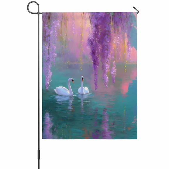 Swan Garden Flag 12 x 18 Inches, Oil Painting Spring Wisteria Gradient Pink Green Lake Weather Proof Outdoor Patio Flags Double Sided Small Garden Decoration for Yard Outside Home
