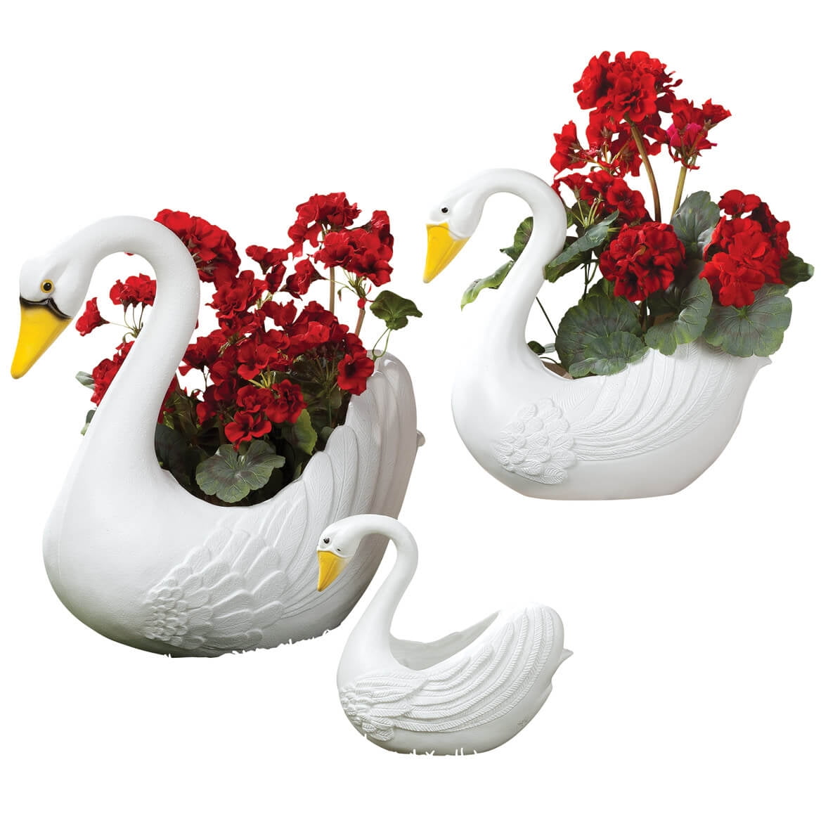 White Molded Plastic Swan Planters, Set of 3