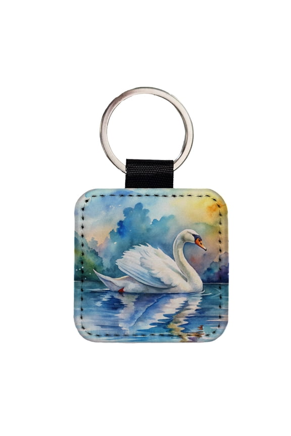 Swan Gliding Across Lake Watercolor Faux Leather Square Keychain