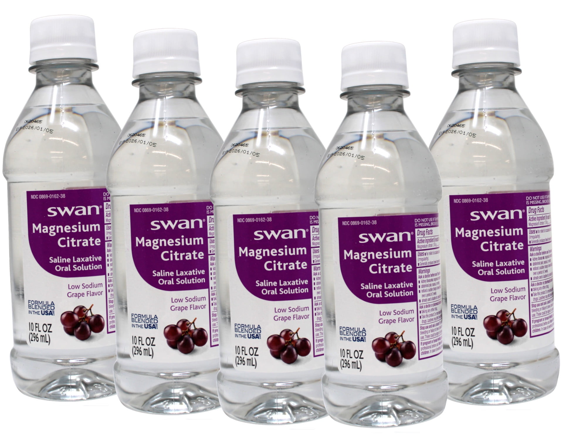 Swan Grape Magnesium Citrate Oral Solution Low Sodium 10 Oz.,(296ML), Natural Grape Flavor, Gentle and Effective Laxative for Regularity - 5 Pack