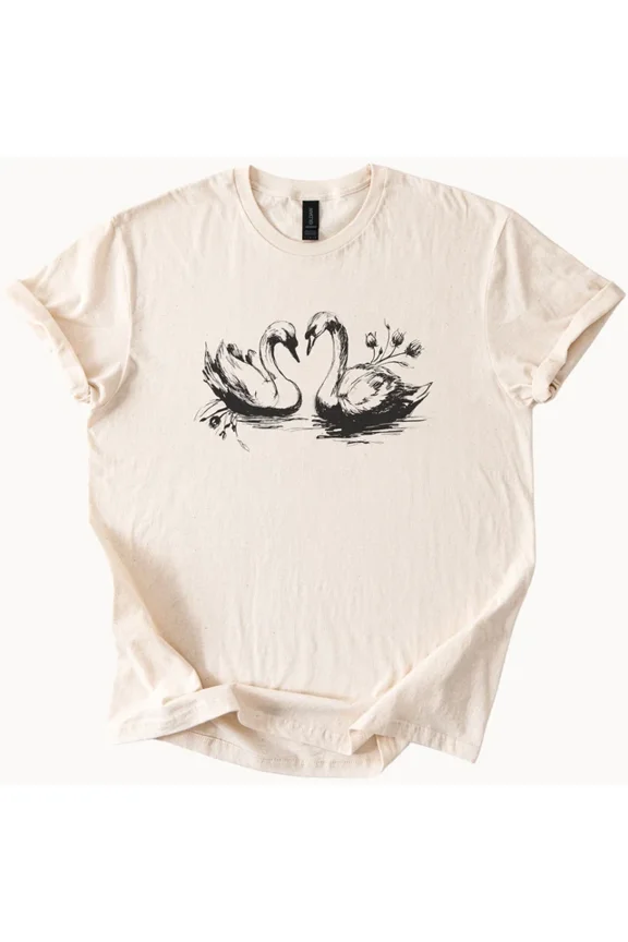 Swan Heart Graphic Tee Love Birds TShirt Unique Design Top