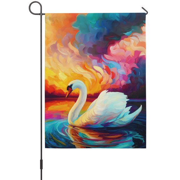 Swan House Flags For Outdoor, Colorful Sunset Water Waves Abstract Animals Small Double Side Yard Flags Weather Proof House Decor for Lawn Outside Holiday 28 x 40 Inches