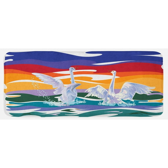 Swan Kitchen Mat, Funky Style Image Swan Couple Swimming in Sea Rainbow Color Sky Backdrop Modern Print, Plush Decorative Kitchen Mat with Non Slip Backing, 47" X 19", Multicolor, by Ambesonne