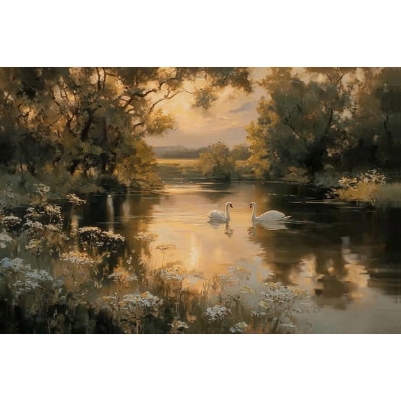 Swan Lake Sunset Print, Romantic Nature Landscape, Golden Hour River Scene, Cottagecore Wall Art Poster, Poster Only