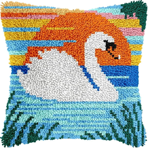Swan Latch Hook Pillow Cover Kits for DIY Handmade Throw Pillow Cross Stitch Latch Hooking Pillowcase Kits with Preprinted Color Pattern Canvas Crochet Yarn Kits 17''X 17''(7-215)