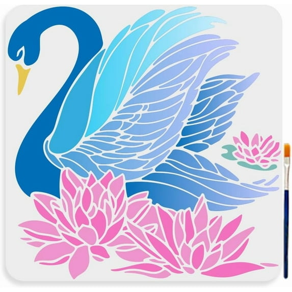 Swan Lotus Flower Stencils 11.8×11.8inch Large Swan Stencils with Paint Brush Summer Bloom Lotus Flower Water Bird Drawing Template for Canvas Wall Wood DIY Craft Home Decor