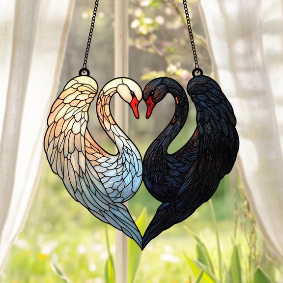 Swan Love Birds Faux Wavy Acrylic Suncatcher, Wavy Acrylic Bird Window Hanging Heart-Shaped Swans, Wedding or Anniversary Gift for Couple
